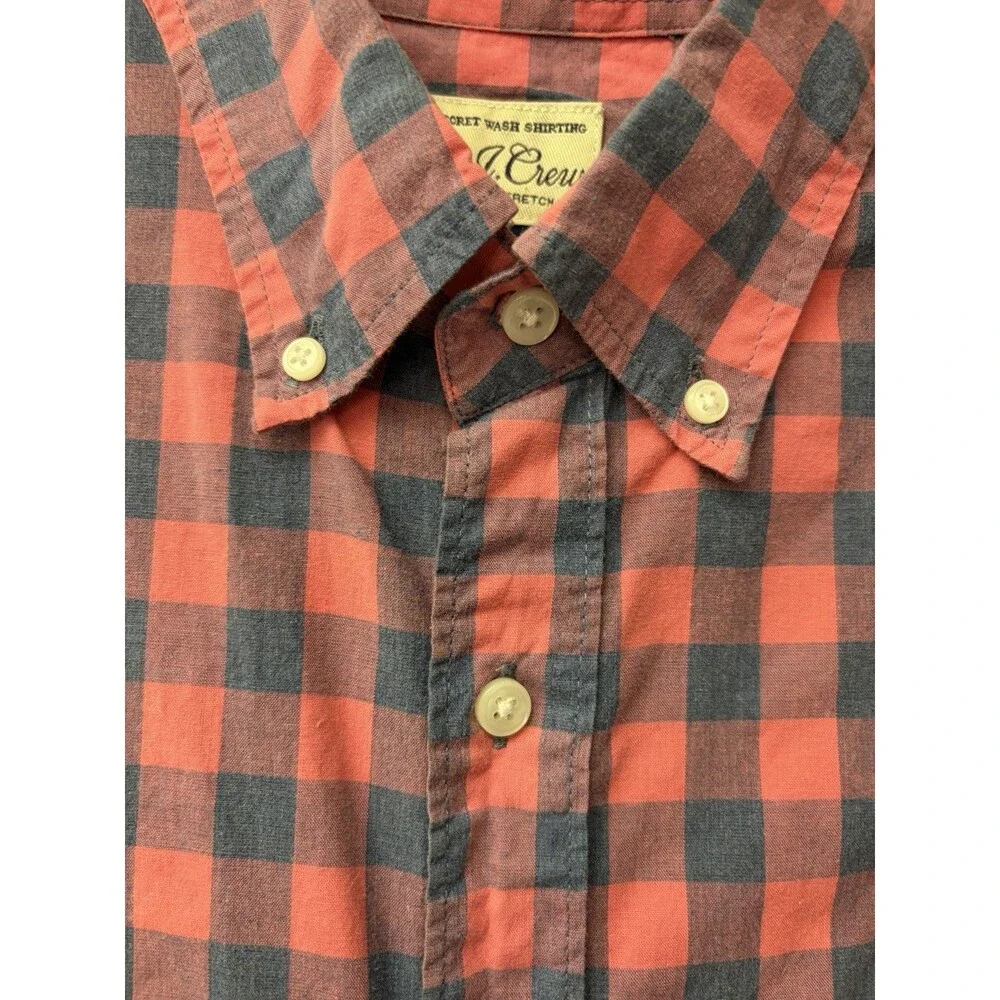 J.Crew Mens Cotton Short Sleeve Buffalo Check Shirt Red Blue Large Slim Stretch